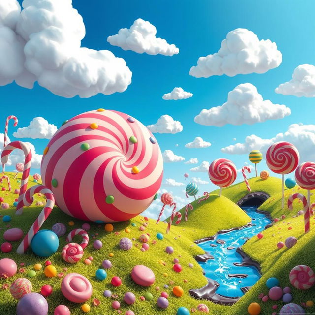 A whimsical fantasy landscape filled with colorful, oversized candy and sweets, featuring a large, vividly decorated bonbon at the center, surrounded by swirling candy canes, lollipop trees, and gumdrop hills