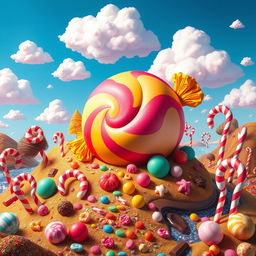 A whimsical fantasy landscape filled with colorful, oversized candy and sweets, featuring a large, vividly decorated bonbon at the center, surrounded by swirling candy canes, lollipop trees, and gumdrop hills