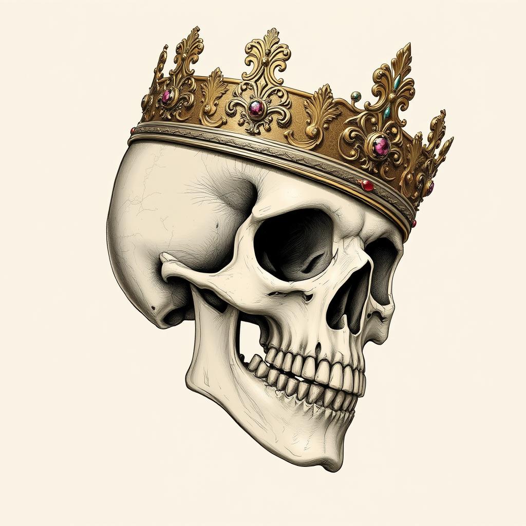 A highly detailed, realistic skull sketch adorned with an ornate crown resting majestically on its head