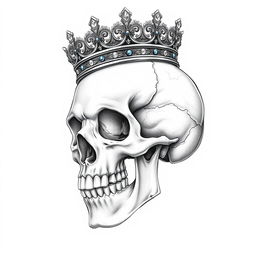 A highly detailed, realistic skull sketch adorned with an ornate crown resting majestically on its head