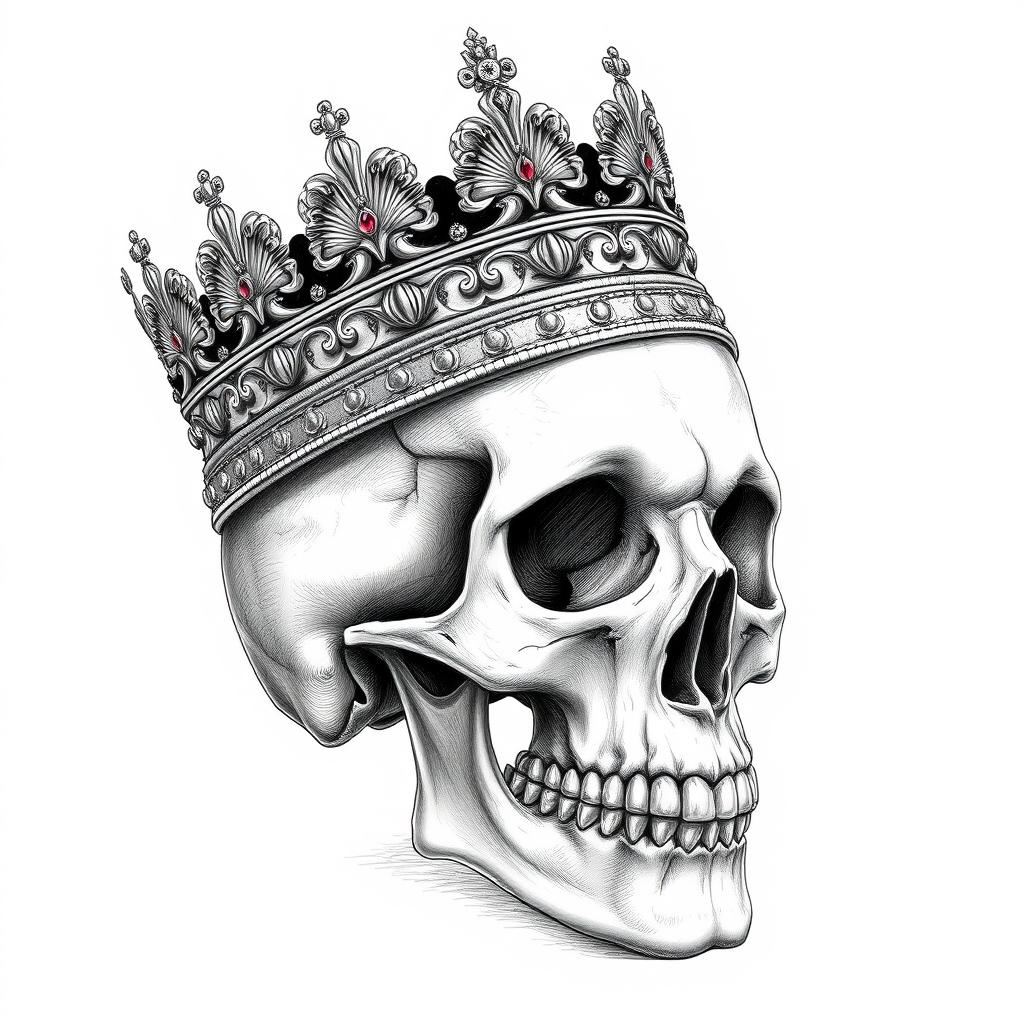 A highly detailed, realistic skull sketch adorned with an ornate crown resting majestically on its head