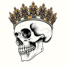 A highly detailed, realistic skull sketch adorned with an ornate crown resting majestically on its head