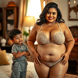 A busty, curvy Indian mature woman with a fuller figure, confidently wearing elegant lingerie that showcases her deep cleavage and complements her curves