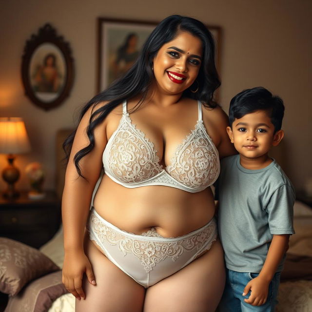 A busty, curvy Indian mature woman with a fuller figure, confidently wearing elegant lingerie that showcases her deep cleavage and complements her curves