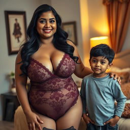 A busty, curvy Indian mature woman with a fuller figure, confidently wearing elegant lingerie that showcases her deep cleavage and complements her curves