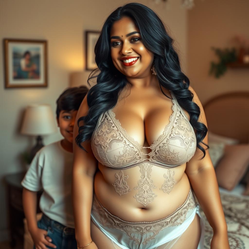 A busty, curvy Indian mature woman with a fuller figure, confidently wearing elegant lingerie that showcases her deep cleavage and complements her curves