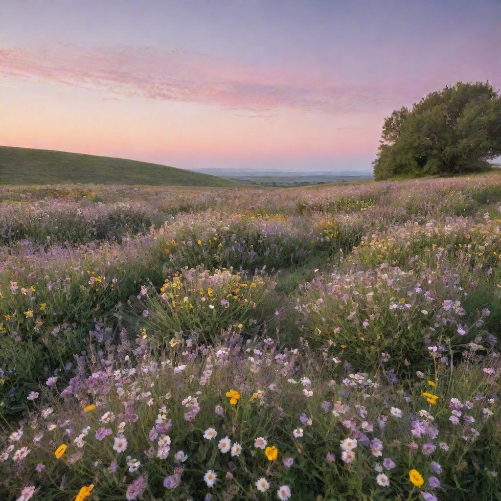 A serene landscape filled with blooming wildflowers under a pastel sunset.