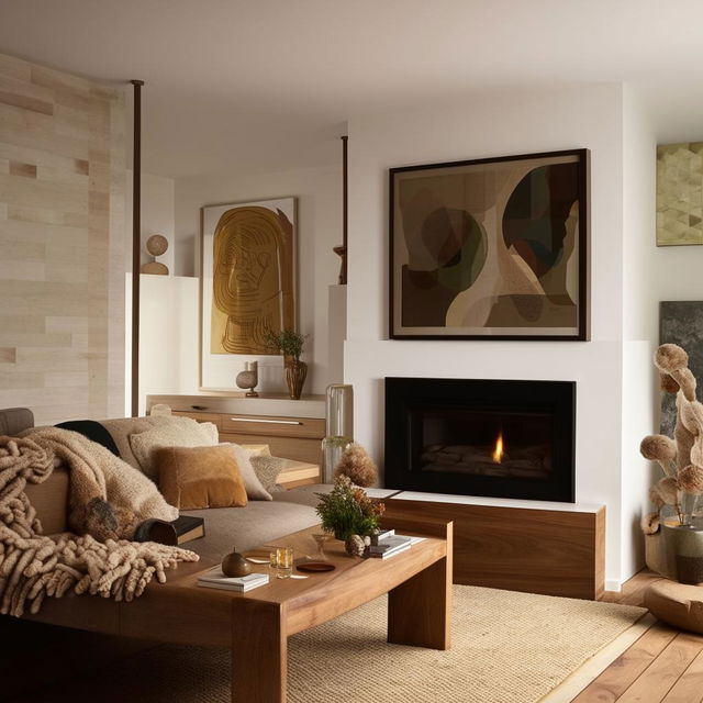 A stylish, comfortable and well-lit living room decorated with contemporary furniture, tasteful artworks, plush cushions and a cozy throw. The color palette is a warm blend of neutrals with pops of earthy shades.