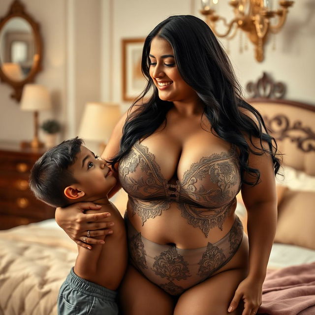 A busty, curvy Indian mature woman with a fuller figure, wearing exquisite lingerie that features a deep V-neckline to highlight her ample cleavage