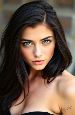 A stunning young woman in her early twenties, showcasing captivating blue eyes and luxurious raven-black hair