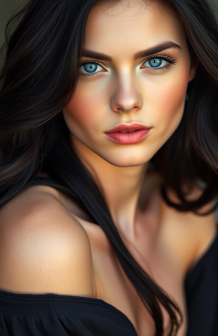 A stunning young woman in her early twenties, showcasing captivating blue eyes and luxurious raven-black hair