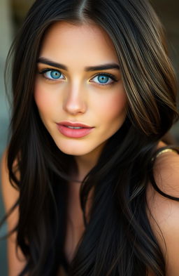 A stunning young woman in her early twenties, showcasing captivating blue eyes and luxurious raven-black hair