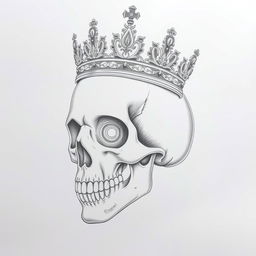 A detailed pencil drawing of a skull adorned with a crown