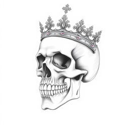 A detailed pencil drawing of a skull adorned with a crown