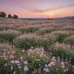 A serene landscape filled with blooming wildflowers under a pastel sunset.