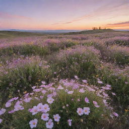 A serene landscape filled with blooming wildflowers under a pastel sunset.