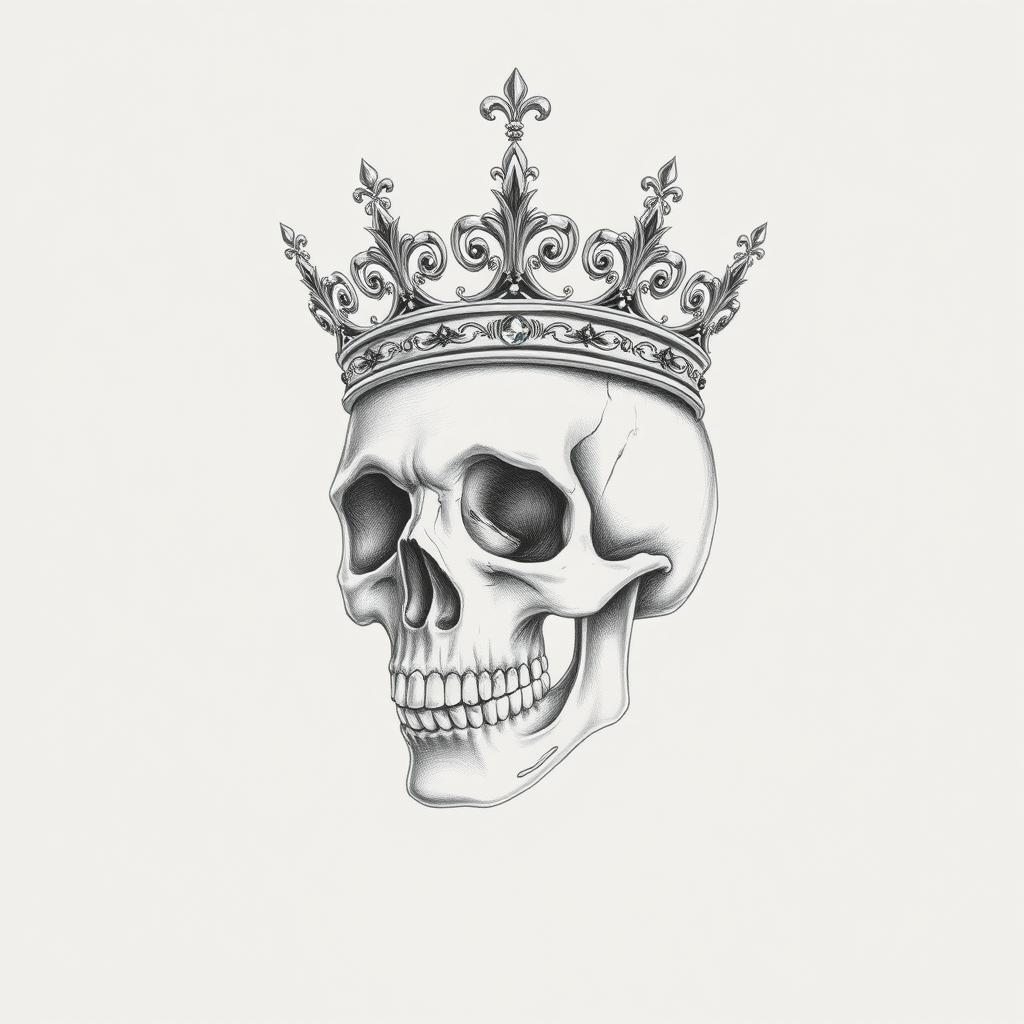 A pencil drawing of a skull wearing a crown