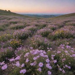 A serene landscape filled with blooming wildflowers under a pastel sunset.