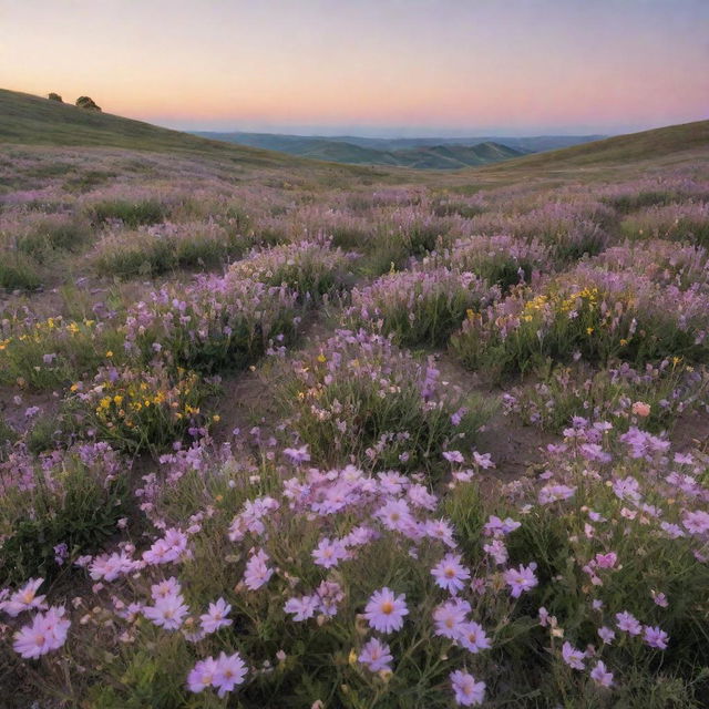 A serene landscape filled with blooming wildflowers under a pastel sunset.