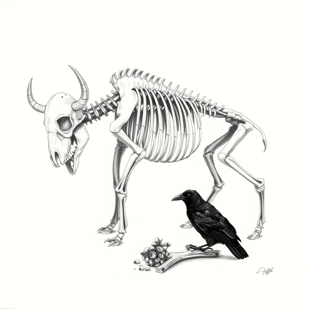 A detailed pencil drawing sketch of a buffalo skeleton, intricately illustrated with all bones clearly defined