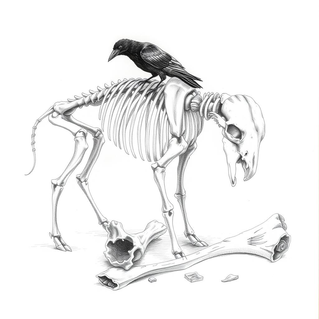 A detailed pencil drawing sketch of a buffalo skeleton, intricately illustrated with all bones clearly defined