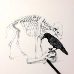 A detailed pencil drawing sketch of a buffalo skeleton, intricately illustrated with all bones clearly defined