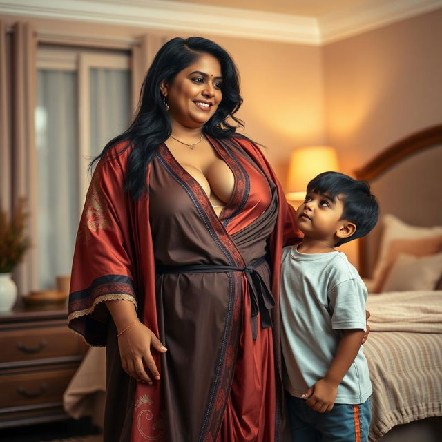 A busty, curvy Indian mature woman with a fuller figure, wearing a luxurious robe that showcases her deep cleavage and highlights her narrow tummy