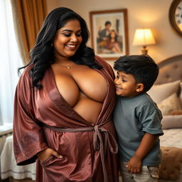 A busty, curvy Indian mature woman with a fuller figure, elegantly draped in a luxurious robe that highlights her deep cleavage and showcases her narrow tummy