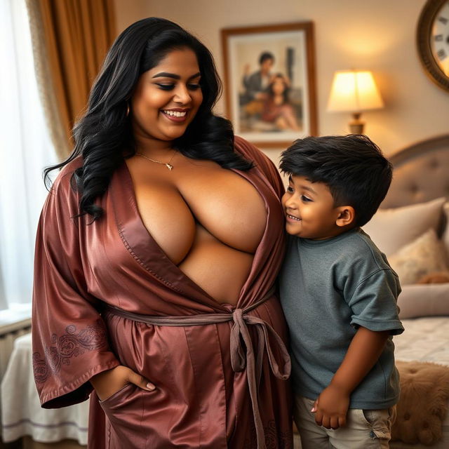 A busty, curvy Indian mature woman with a fuller figure, elegantly draped in a luxurious robe that highlights her deep cleavage and showcases her narrow tummy