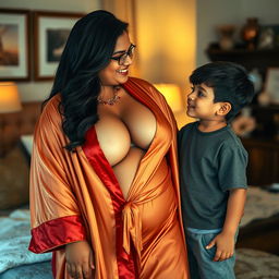 A busty, curvy Indian mature woman with a fuller figure, elegantly draped in a luxurious robe that highlights her deep cleavage and showcases her narrow tummy
