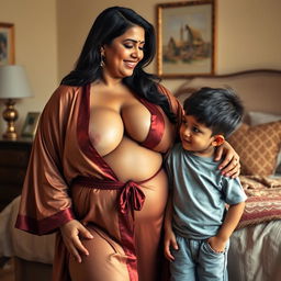 A busty, curvy Indian mature woman with a fuller figure, elegantly draped in a luxurious robe that highlights her deep cleavage and showcases her narrow tummy