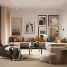 A stylish, comfortable and well-lit living room decorated with contemporary furniture, tasteful artworks, plush cushions and a cozy throw. The color palette is a warm blend of neutrals with pops of earthy shades.