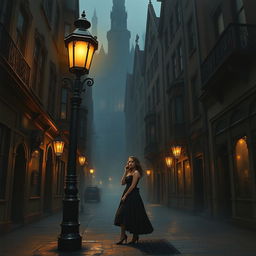 In the heart of a Victorian city street, a beautiful woman stands near a lamppost, her elegant, vintage attire blending seamlessly with the gothic architecture surrounding her