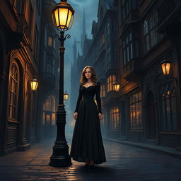 In the heart of a Victorian city street, a beautiful woman stands near a lamppost, her elegant, vintage attire blending seamlessly with the gothic architecture surrounding her