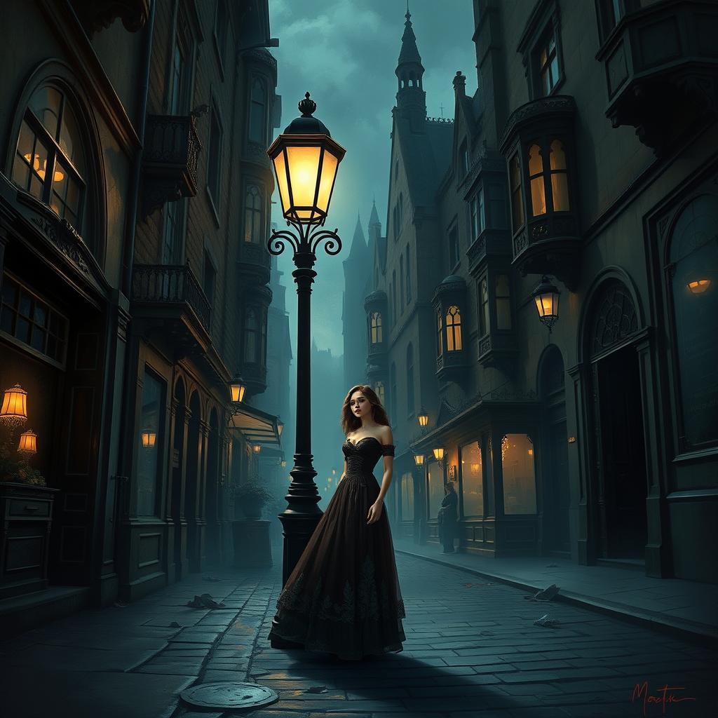 In the heart of a Victorian city street, a beautiful woman stands near a lamppost, her elegant, vintage attire blending seamlessly with the gothic architecture surrounding her