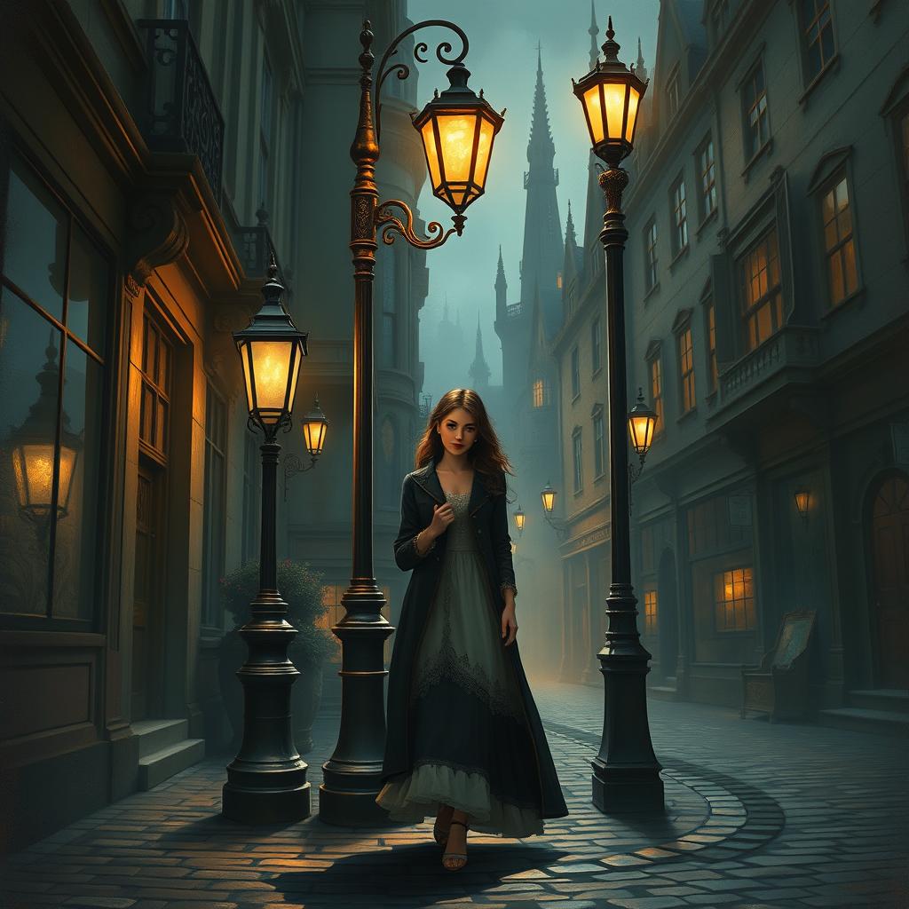 In the heart of a Victorian city street, a beautiful woman stands near a lamppost, her elegant, vintage attire blending seamlessly with the gothic architecture surrounding her