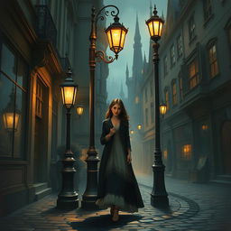 In the heart of a Victorian city street, a beautiful woman stands near a lamppost, her elegant, vintage attire blending seamlessly with the gothic architecture surrounding her