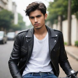 Adjust previous image, enhance the college boy's sleepy look, add elements of a 'bad boy' persona – with no piercings but an air of rebellion and a love for riding motorcycles.