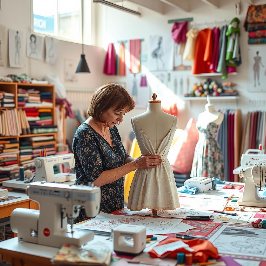 A vibrant sewing studio filled with colorful fabrics, sewing machines, and a large table covered in patterns, threads, and scissors