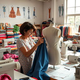 A vibrant sewing studio filled with colorful fabrics, sewing machines, and a large table covered in patterns, threads, and scissors