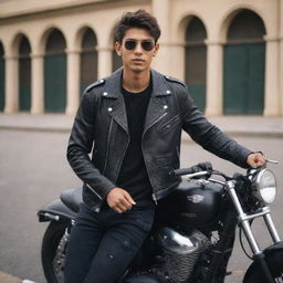 Adjust previous image, enhance the college boy's sleepy look, add elements of a 'bad boy' persona – with no piercings but an air of rebellion and a love for riding motorcycles.