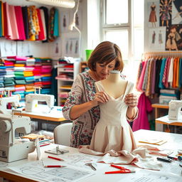 A vibrant sewing studio filled with colorful fabrics, sewing machines, and a large table covered in patterns, threads, and scissors