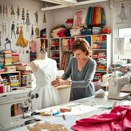 A vibrant sewing studio filled with colorful fabrics, sewing machines, and a large table covered in patterns, threads, and scissors