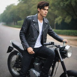 Adjust previous image, enhance the college boy's sleepy look, add elements of a 'bad boy' persona – with no piercings but an air of rebellion and a love for riding motorcycles.