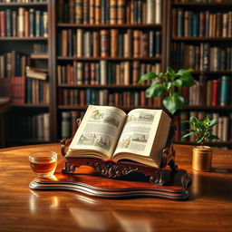 A beautiful and elegant display of a book stand set on a polished wooden table