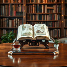 A beautiful and elegant display of a book stand set on a polished wooden table