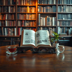 A beautiful and elegant display of a book stand set on a polished wooden table