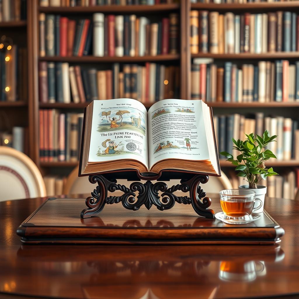 A beautiful and elegant display of a book stand set on a polished wooden table