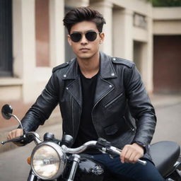 Adjust previous image, enhance the college boy's sleepy look, add elements of a 'bad boy' persona – with no piercings but an air of rebellion and a love for riding motorcycles.