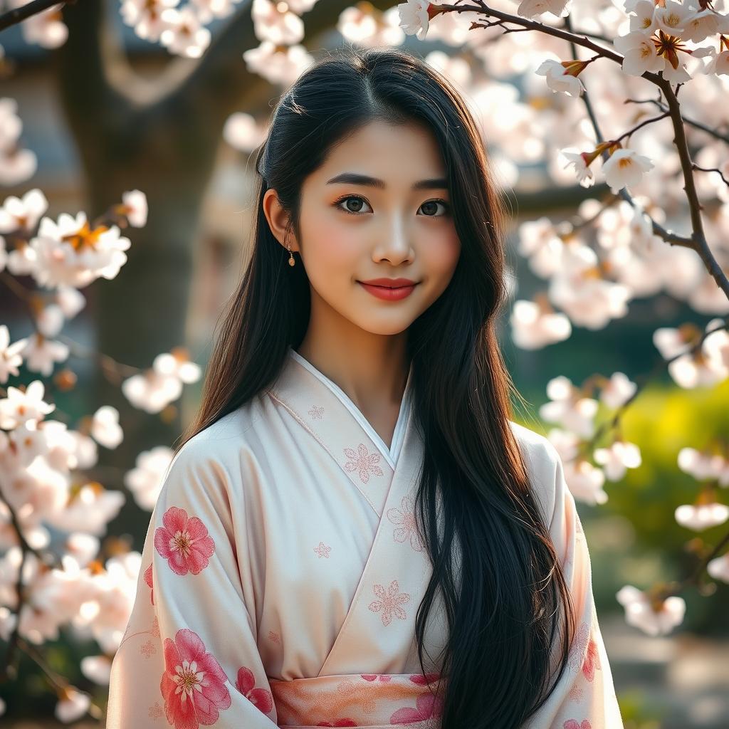 A portrait of a beautiful young Japanese girl with long black hair and striking features, wearing a delicate kimono adorned with floral patterns